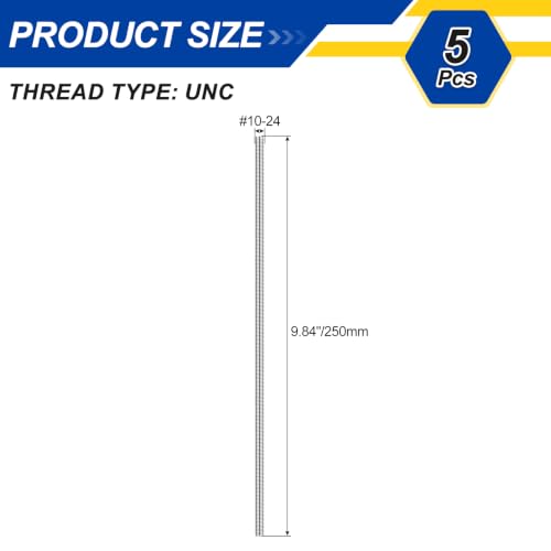 #10-24 UNC Fully Threaded Rod 9.84" Length Thread 5Pcs - size: #10-24x9.84"