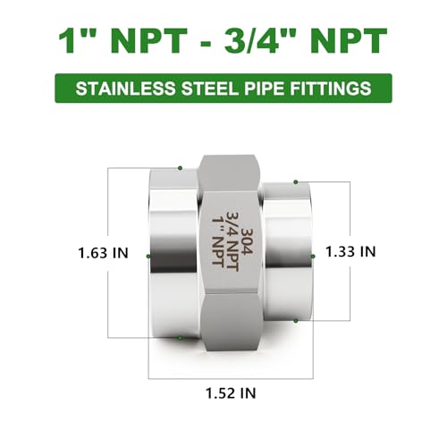 TAISHER 2PCS Forging of 304 SS Hex Coupling,1" x 3/4" NPT Female Pipe - size: 1"-3/4"FNPT