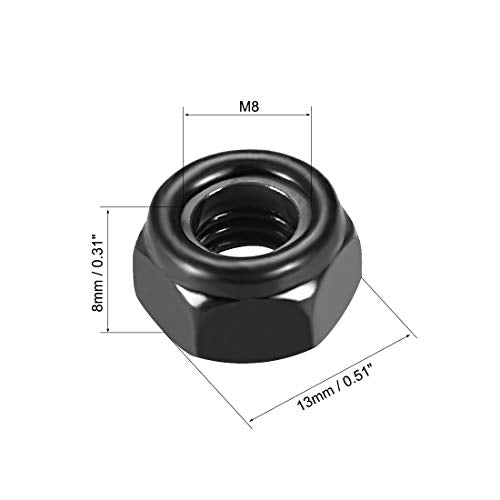 uxcell Hex Lock Nuts - M8 x 1.25mm Carbon Steel Nylon Insert Self-Locking Nuts for Fasteners, 50Pcs Black - size: M8 x1.25mm