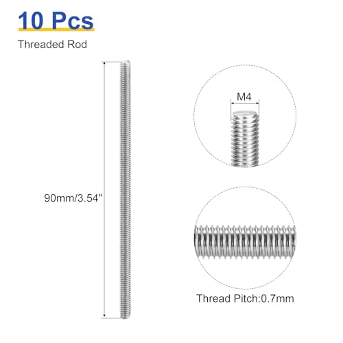 uxcell 10Pcs M4 x 90mm Fully Threaded Rod 304 Stainless Steel Right Hand Threads Bar Studs for Anchors Bolts, Clamps, Hangers and U-Bolts, 0.7 Thread Pitch - size: M4 x 90mm