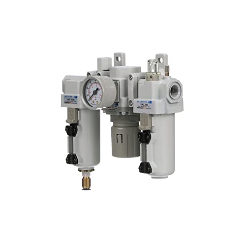 PneumaticPlus SAU300A-N03G-MEP - Dual Air System 3/8" NPT - Compressed Air Filter, Pressure Regulator & Lubricator w/Additional Free Air Port 1/4" NPT - Manual Drain, Metal Bowl - size: 3/8" NPT, style: Metal Bowl - Manual Drain