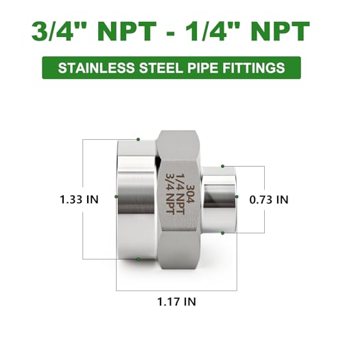 TAISHER 2PCS Forging of 304 SS Hex Coupling,3/4" x 1/4" NPT Female Pipe - size: 3/4"-1/4"FNPT