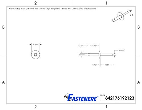 Large Flange Pop Rivets 3/16" x 1/2" Aluminum Body Steel Mandrel Large Dome Head 6-8 Gap .376" - .500" Quantity 50 By Fastenere - size: 3/16" x 1/2" (6-8) (50 Pack)