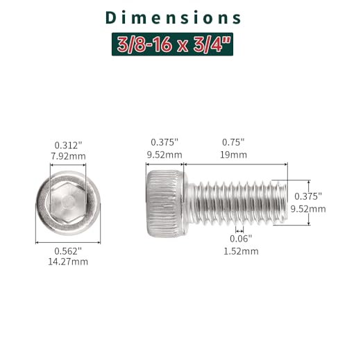 3/8-16 x 3/4" Socket Head Cap Screws (20 pcs), 304 Stainless Steel 18/8, Allen Hex Drive, Home Entertainment Furniture Screws, Fayeploo (with Hex Spanner) - size: 3/8-16 x 3/4"