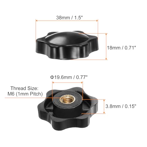 6pcs Star Knobs M6 Female Thread 38mm 6-Point Plastic Head Brass Insert Non-Through Hole Screw-in Threaded Hand Knob Clamping Handle, Black