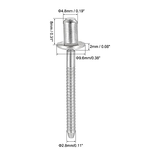 uxcell Blind Rivets, 304 Stainless Steel Pull Rivets Core Decoration Rivets 4.8mm Diameter 8mm Grip Length Close End Silver Tone, 50pcs - size: 4.8mm x 8mm