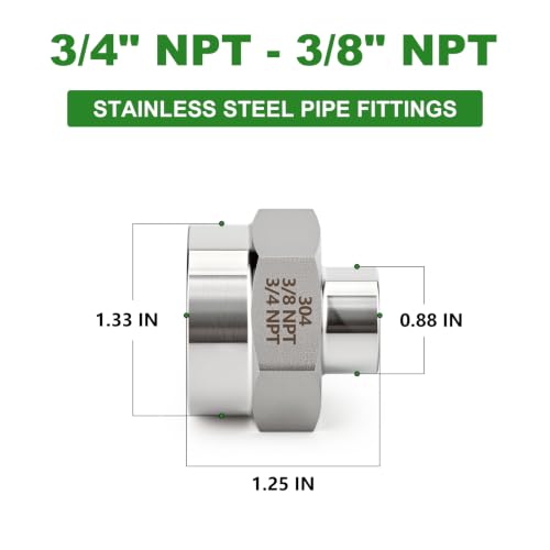 TAISHER 2PCS Forging of 304 SS Hex Coupling,3/4" x 3/8" NPT Female Pipe - size: 3/4"-3/8"FNPT