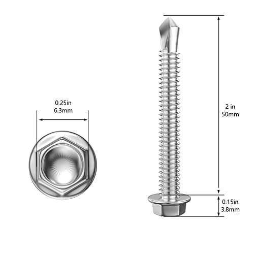 Wensilon (150Pcs) #8×2" Hex Washer Head Self Drilling Screws, 410 Stainless Steel Metal SheetScrews,TEK Screws, Sheet Metal Self Tapping Screws - color: Silver, size: #8×2"