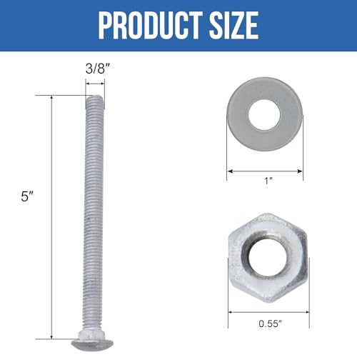 3/8" x 5" Carriage Bolts (25 PCS), Hot Dip Galvanized, Heavy Duty Round Head with Washers and Nuts - size: 3/8" x 5"