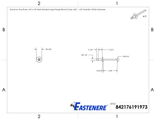 Fastenere Large Flange Pop Rivets - 1/8" x 1/8" (100 Pack) Aluminum Body Steel Mandrel, Heavy Duty Dome Head Blind Rivets, Open End 4-2 Gap .063" - .125" - Corrosion Resistant, High Shear Strength - size: 1/8" x 1/8" (4-2) (100 Pack)