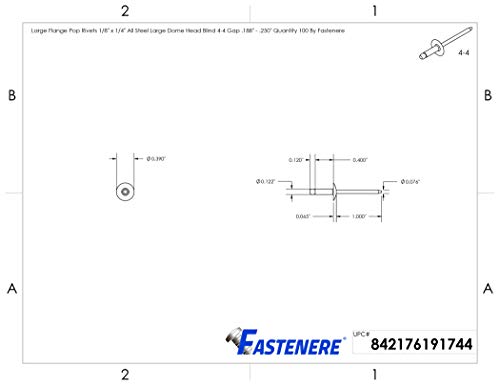 Fastenere Large Flange Pop Rivets - 1/8" x 1/4" (100 pcs) Heavy Duty, Open End, Steel Zinc, Corrosion-Resistant, High Tensile & Shear Strength, 4-4 Gap .188" - .250"