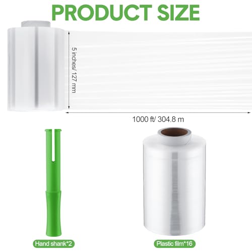 Jutom 16 Pcs Mini Stretch Film Industrial Shrink Wrap Roll Plastic Film for Moving 2 Handles 5" x 1000 ft Pallet Wrap Packaging Self Adhering Shipping for Moving Furniture Packing (Clear,Green) - color: Clear, Green