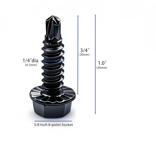 Garage Door Screws (50 Pack) - Black Color 1/4" x 3/4" Self Drilling Tek Screws with Serrated Hex Washer Head, Zinc Plated Metal to Metal Fasteners for Hinge & Bracket Repair, Roofing, HVAC - color: Black