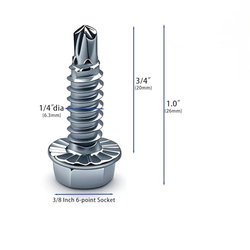 Garage Door Screws (50 Pack) - 1/4" x 3/4" Self Drilling Tek Screws with Serrated Hex Washer Head, Zinc Plated Metal to Metal Fasteners for Hinge & Bracket Repair, Roofing, HVAC - color: Silver