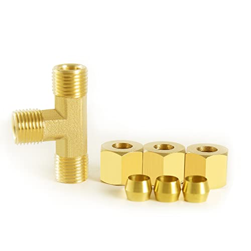 ChillWaves Brass Tee Compression Tube Fitting, 1/4" OD x 1/4" OD x 1/4" OD Compression Union Connector(5-PACK) - size: 1/4" OD x 1/4" OD x 1/4" OD