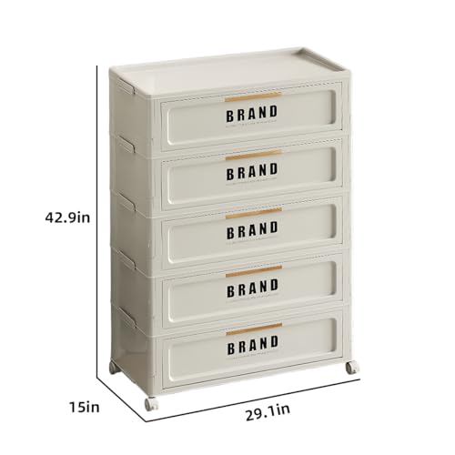 300QT Foldable Storage Cabinet with Doors and Locking Wheels, 5-Tier Heavy-Duty ABS Rolling Organizer, No-Tool Assembly for Pantry, Laundry Room, Dorm and Garage - color: White