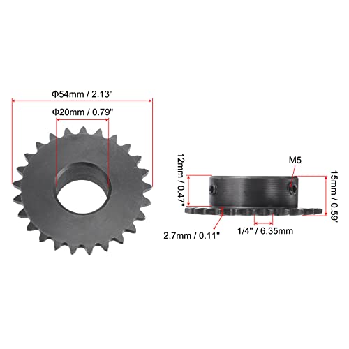uxcell 25 Tooth Roller Sprocket B Type, #25 Chain, Single Strand 1/4" Pitch, 20mm Bore Black Oxide C45 Carbon Steel with Set Screws for ISO 04C - size: 20mm
