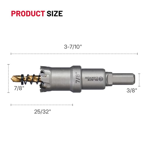 BLACK CANYON 7/8" Carbide Hole Saw, Doubling as Hole Saw & Drill bit with 3-Flat Shank and YG10X Carbide Cutter Head. Ideal for Stainless Steel, Aluminum, Carbon Steel - size: 7/8 inch