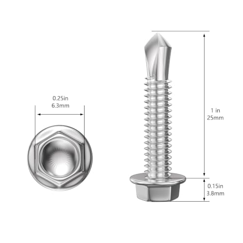 Wensilon (250Pcs) #8×1" Hex Washer Head Self Drilling Screws, 410 Stainless Steel Metal SheetScrews,TEK Screws, Sheet Metal Self Tapping Screws - color: Silver, size: #8×1"