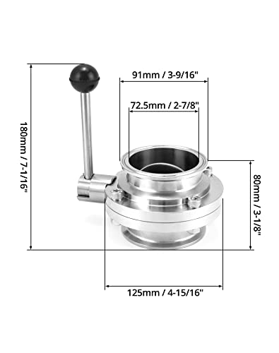 QWORK Stainless Steel Butterfly Valve 3" Tube OD – Precise Flow Control for Brewing, Liquid Transfer & Dairy Lines, 1 Pack