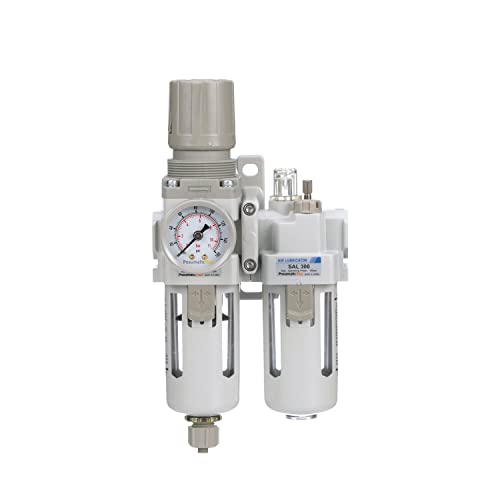 PneumaticPlus SAU310-N03G Compressed Air Filter Regulator Lubricator Piggyback Combo 3/8" NPT - Poly Bowl, Manual Drain, Bracket, Gauge