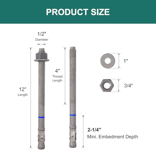 1/2" x 12" Concrete Anchors (20 Pack), Wedge Anchors Bolts, Hot Dip Galvanized - size: 1/2"x12" (20 PCS)