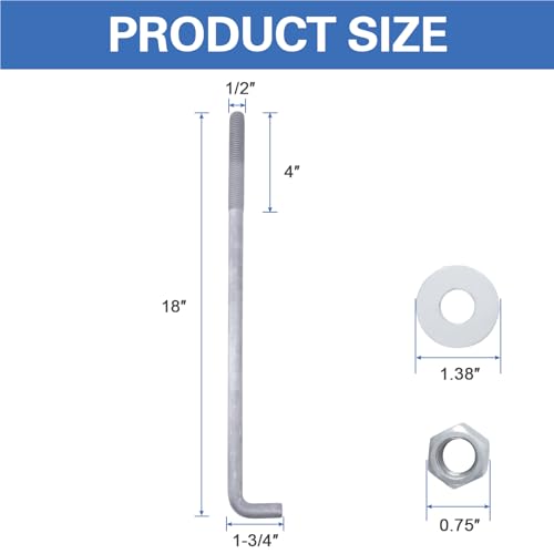 1/2" x 18" Concrete Anchor Bolts (10 Pack) L Shaped, Hot-Dip Galvanized - size: 1/2"x18" (10 PCS)