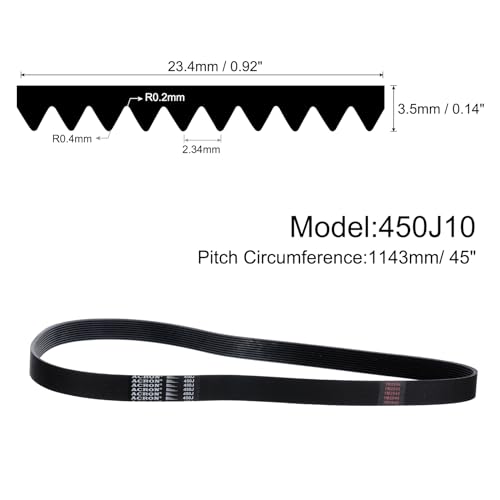 uxcell 450J10 PJ V-Ribbed Belt 10 Ribs 45" Length x 0.92" Width x 0.14" Height, EPDM Rubber Poly V Belt, Multi Wedge Micro V Belt - size: 450J10