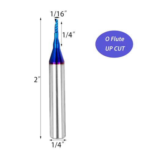 1/16" Diameter O Single Flute Upcut Spiral End Mill CNC Router Bit with NACO Coating Plastic Cutting 1/16 D x 1/4 CH x 1/4 SHK x 2 Inch Long with Mirror Finish UT116