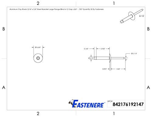 Fastenere Large Flange Pop Rivets - 3/16" x 3/4" (50 Pack) Aluminum Body Steel Mandrel, Heavy Duty Dome Head Blind Rivets, Open End 6-12 Gap .626" - .750" - Corrosion Resistant, High Shear Strength - size: 3/16" x 3/4" (6-12) (50 Pack)