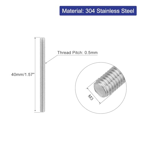 uxcell 8Pcs Fully Threaded Rod, M3 x 40mm 304 Stainless Steel Right Hand Thread Bar Studs M3-0.5 Thread Pitch for Furniture Machinery Assembly - size: M3 x 40mm