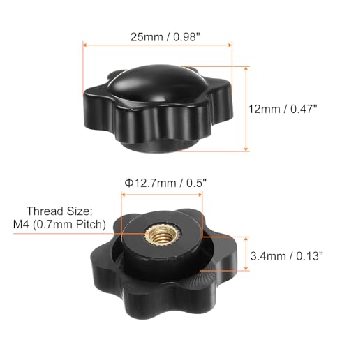 HARFINGTON 6pcs Star Knobs M4 Female Thread 25mm 6-Point Plastic Head Brass Insert Non-Through Hole Screw-in Threaded Hand Knob Clamping Handle, Black - color: Black, size: M4 x 25mm