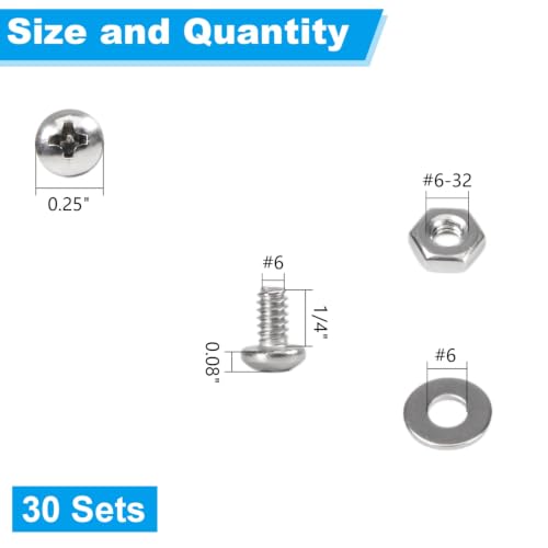 30 Sets #6-32 x 1/4" Pan Head Machine Screws Nuts Washers Kit - size: #6-32 x 1/4"