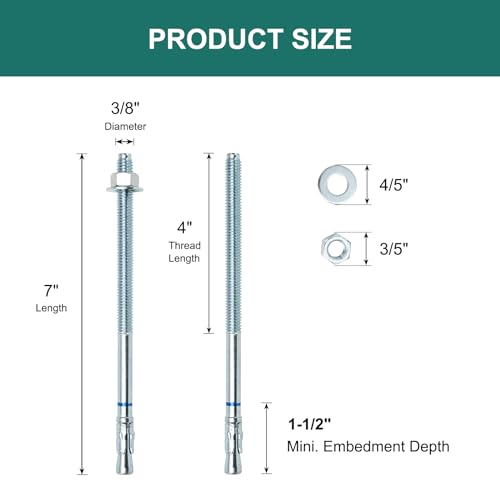 3/8" x 7" Concrete Anchors (50 Pack) 3/8 inch Wedge Anchors Bolts Zinc Plated - size: 3/8"x7"