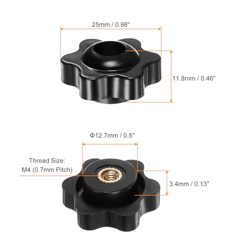 HARFINGTON 4pcs Star Knobs M4 Female Thread 25mm Head Plastic Through Hole Brass Screw-in Clamping Handles Threaded Hand Knobs, Black - color: Black, size: M4 x 25mm