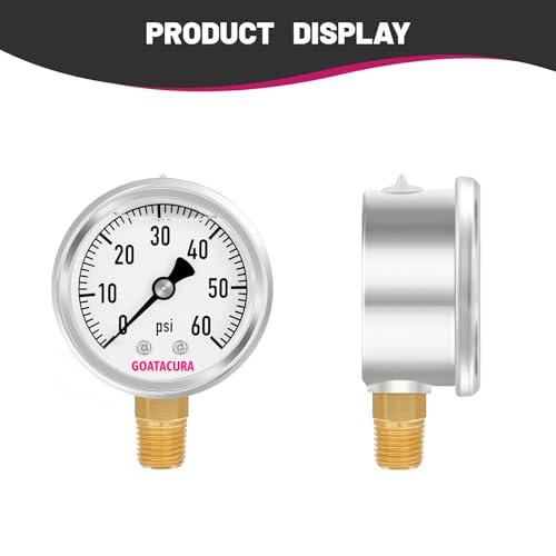 0-60psi Glycerin Filled Pressure Gauge, 2" Dial Size, 304 Stainless Steel Case, 1/4" NPT Lower Mount, with High Accuracy, for Measuring Water Air Hydraulic Pressure - size: 0-60psi, style: BRASS
