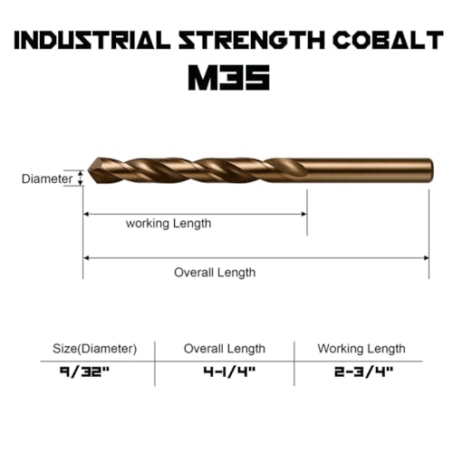Narwhal 9/32" Drill Bits for Metal (M35 Cobalt - Industrial Strength) 4-1/4" Length & 135 Degree Split Point for Drilling Into Metal, Hardened & Stainless Steel, Cast Iron, & More! - size: 9/32 in