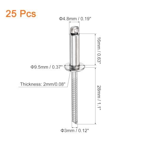 uxcell 25Pcs 3/16"x5/8" 304 Stainless Steel Dome-Head Blind Rivets, Open-End Type Blind Rivets for DIY, Sheet Metal, Automotive Repairs, Furniture, Boat, and Duct Work (Silver) - color: Silver, size: 3/16"x5/8"
