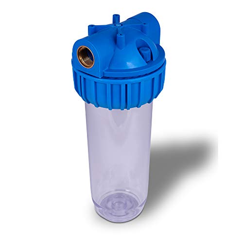 10 inch Transparent Standard Water Filter Housing, Presser Relief Button, 3/4” Inlet/Outlet Brass Port, Accepts Standard 10”x 2.5” Cartridges, 3/4” Brass Port, Mounting Hardware Included (2 Sets)