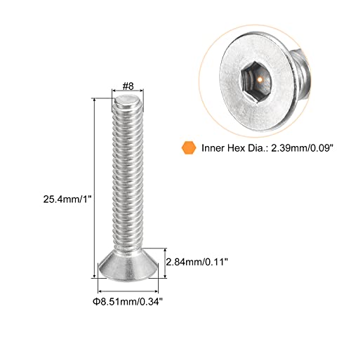 uxcell #8-32x1 Flat Countersunk Head Socket Cap Screws, 50Pcs 304 Stainless Steel Hex Socket Flat Head Screws, Full Thread, Countersunk Bolts - size: #8-32x1"