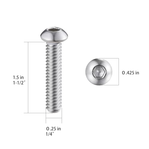 Wensilon (50Pcs) 1/4-20 * 1-1/2 Button Head Socket Cap Bolts Screws, 304 Stainless Steel, Allen Hex Drive, Bright Finish, Fully Machine Thread - color: Silver, size: B 1/4-20*1-1/2