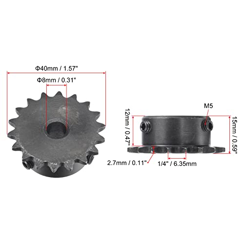 uxcell 18 Tooth Roller Sprocket B Type, #25 Chain, Single Strand 1/4" Pitch, 8mm Bore Black Oxide C45 Carbon Steel with Set Screws for ISO 04C - size: 8mm