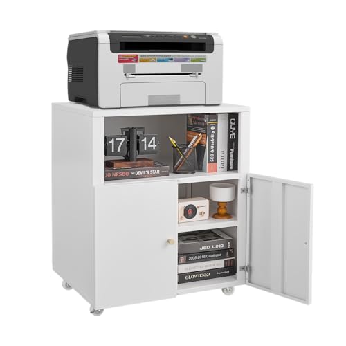 Large Metal Printer Stand Cabinet with Storage and Wheels, White - color: White