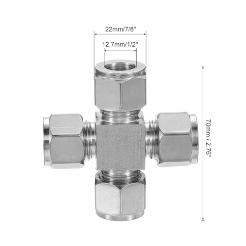 PATIKIL 304 Stainless Steel Cross Compression Tube Fitting 12.7mm, 1/2" ID, Pipes Adapter for Water Garden Irrigation System, Silver - size: 0.5 Inch