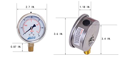 Pressure Gauge,Glycerin Liquid Filled,2-1/2" Dual Scale Dia,0-30 psi/bar/kpa,1/4" NPT Male Brass Connection,Lower Mount, Stainless Steel Case,for Pneumatic,Pump,Hose,Well Tank,Gas Air Water Oil - size: 0-30 psi, style: lower mount