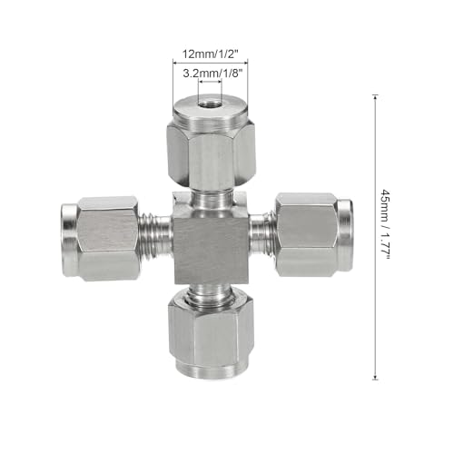 PATIKIL 304 Stainless Steel Cross Compression Tube Fitting 3.2mm, 1/8" ID, Pipes Adapter for Water Garden Irrigation System, Silver - size: 1/8 Inch
