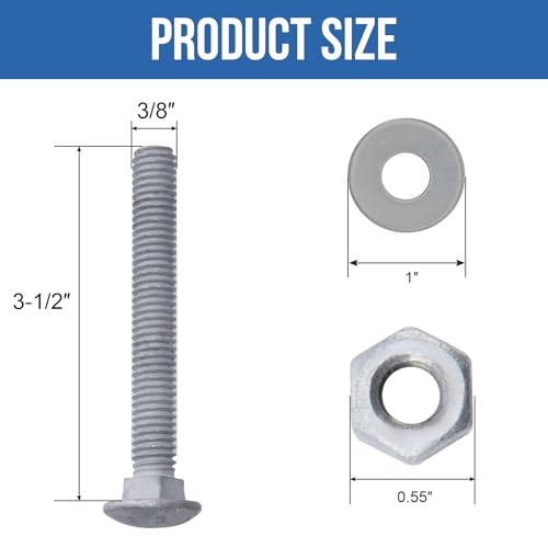3/8" x 3-1/2" Carriage Bolts (25 PCS), Hot Dip Galvanized, Heavy Duty Round Head with Washers and Nuts - size: 3/8" x 3-1/2"