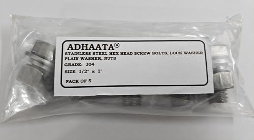 1/2” 304 Stainless Steel Hex Head Screw Bolts and Nuts Kit, Hex Nuts with Spring & Plain Washer for Bolts (Set of 5, 1/2" x 1") - size: 1/2" x 1"