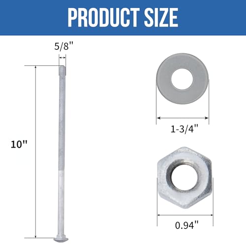 5/8" x 10" Carriage Bolts (12 PCS), Hot Dip Galvanized, Heavy Duty Round Head with Washers and Nuts - size: 5/8" x 10"