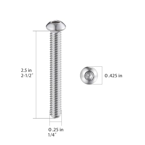 Wensilon (50Pcs) 1/4-20 * 2-1/2 Button Head Socket Cap Bolts Screws, 304 Stainless Steel, Allen Hex Drive, Bright Finish, Fully Machine Thread - color: Silver, size: B 1/4-20*2-1/2